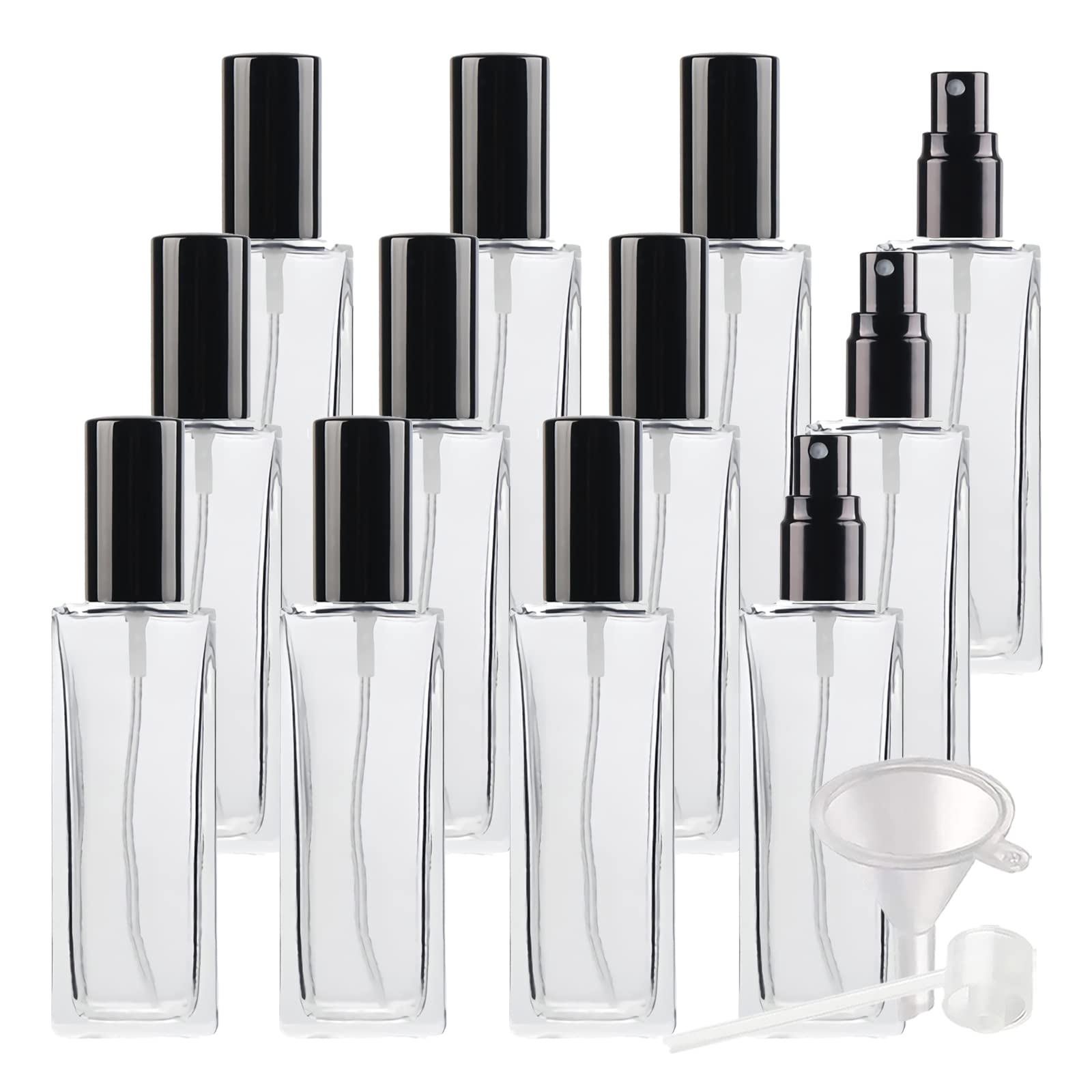12 Stück Leer 30 ml Transparent Quadrat Dickes Glas Parfüm Zerstäuber mit Schwarz Deckeln, Portable Klarglas Nachfüllbar Parfümzerstäuber Sprühflasche, Parfümflasche Reisen
