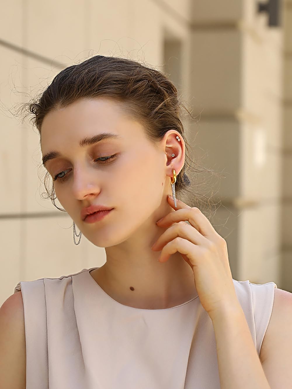 Gold Silver Tone Tassel Chain Dangle Small Hoop Earrings Huggie for Women Stainless Steel Gold Plated Link Dangling Drop Hoops Earring Cartilage Tragus Wrap Cuffs Fashion Jewelry for Mother Birthday - Image 3