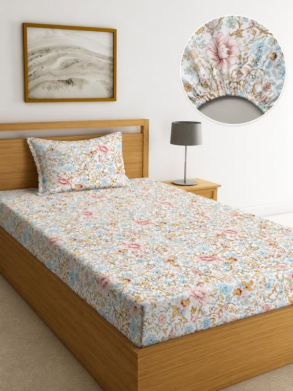 Image of la' amour 240 TC Cotton Fitted Single Bedsheet with 1 Pillow Cover | Elastic Bed Sheet | Soft Breathable Skin-Friendly Fabric | All Season Comfort | 36 x 72 + 6 Inches Pastel Flora