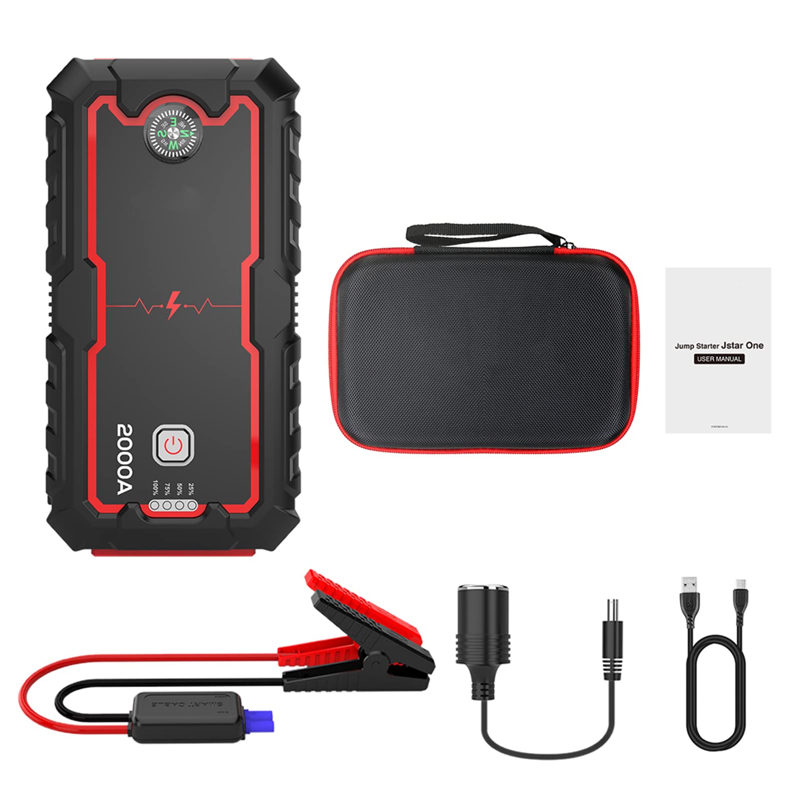 2000A Jump Starter Power Bank 12V Energía Inteligente Pantalla Digital Cargador Portátil Dispositivo de Arranque para Batería de Repuesto de Coche de Emergencia 6.0L / 4.0L,22000mAh