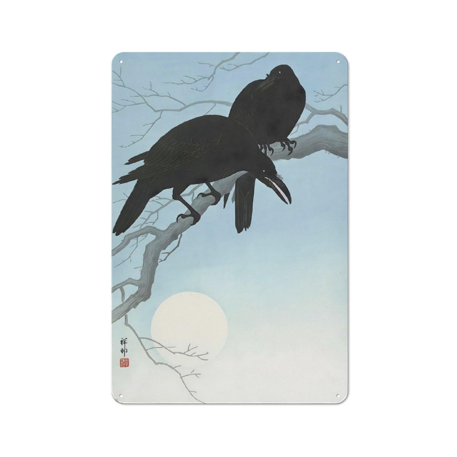 Junmoney Style-21 Workshop Style Ukiyo E Two Crows Tin Sign 30X20cm, Garage Wall Decor For Tool Room, Garage, Studio Or Home Bar