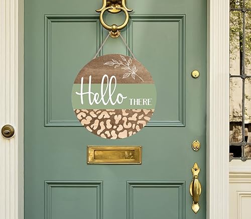 Miniatura 5 de Hello There - Placa colgante de madera, letrero minimalista de madera redondo de leopardo hola de madera, letrero de bienvenida para colgar en la