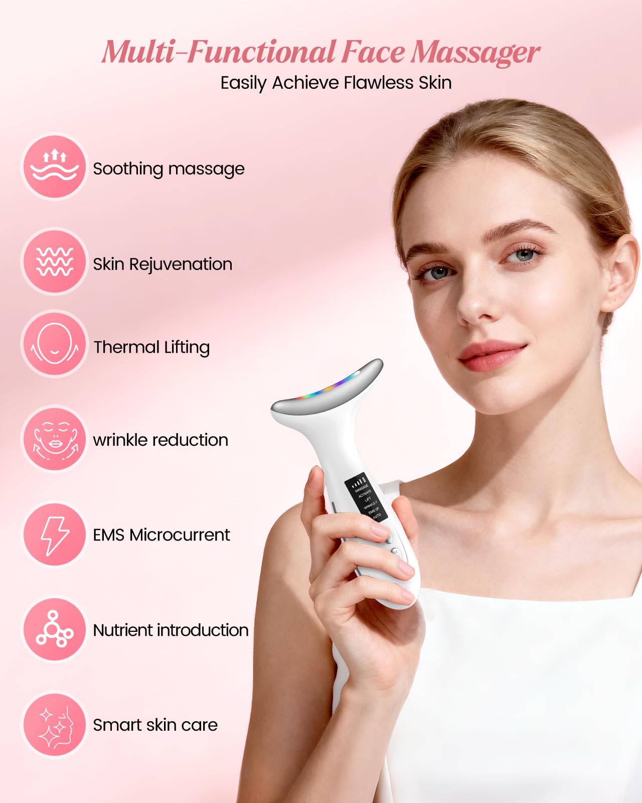 Gesichtsmassagegerät, Face Massager mit 6 Modi, Gesichtsmassage, 45℃ EMS Gerät Gesicht, 7 Farben LED Massagegerät Gesicht, Face Lifting Gerät für Anti-Aging, Lifting & Faltenreduktion, Weiß