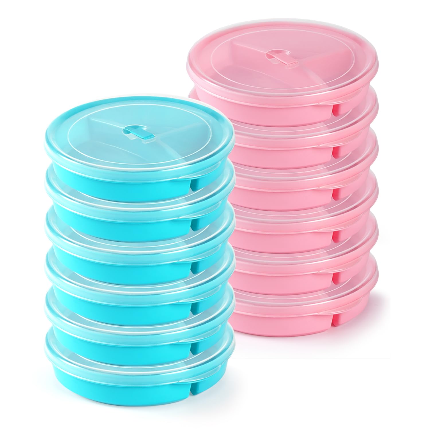 Meal Prep food party Dish 3 compartment container. Microwave and Refrigerator Safe, Pack Of 12, Color-Pink & Blue.