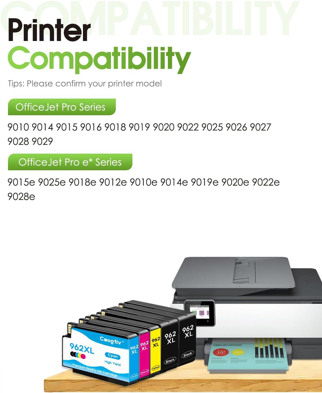 962XL Ink Cartridges Black Color Combo Pack Replacement for HP 962 962XL Ink Cartridges for Officejet Pro 9015e 9010 9025e 9015 9025 9018e 9025e 9020 Printer (5-Pack, 2Black/Cyan/Magenta/Yellow)