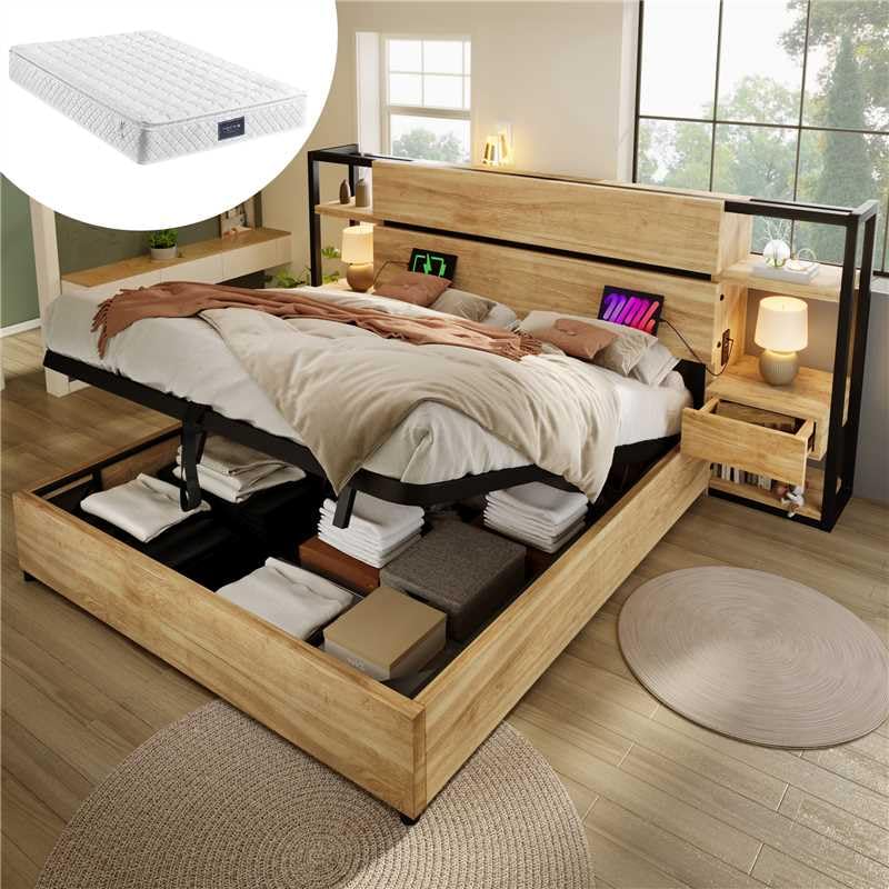 Cama Doble hidráulica cabecero con cajones Puerto Carga USB y Tipo C Camas Almacenamiento Caja Bed Familiar Marco de Cama con Listones Madera beds de Invitados en Color Madera con colchón 160x200 cm