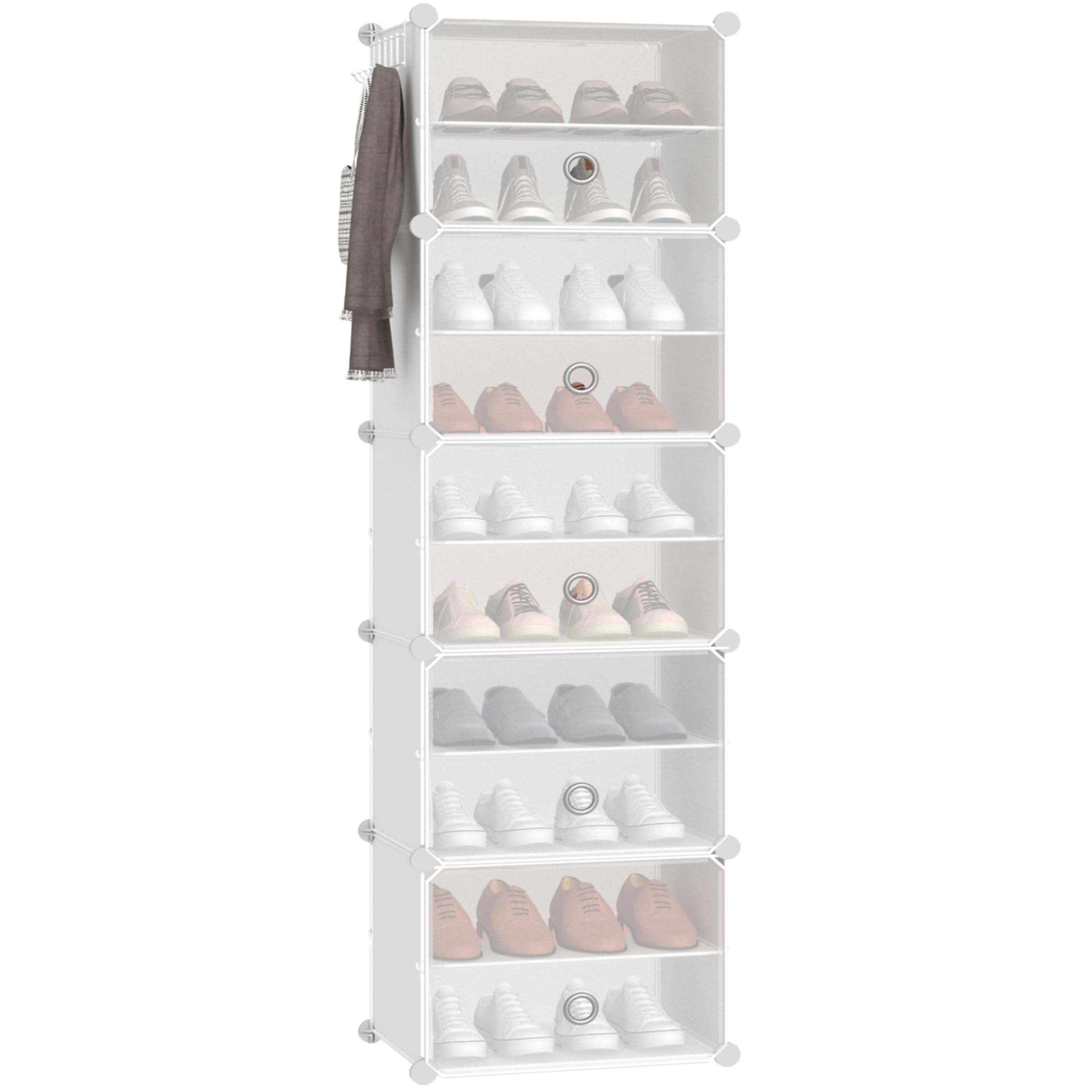 Scarpiera alta a 10 ripiani con ante e ganci, organizer verticale autoportante per 20 paia, salvaspazio per ingresso, armadio, corridoio, garage, guardaroba, bianco