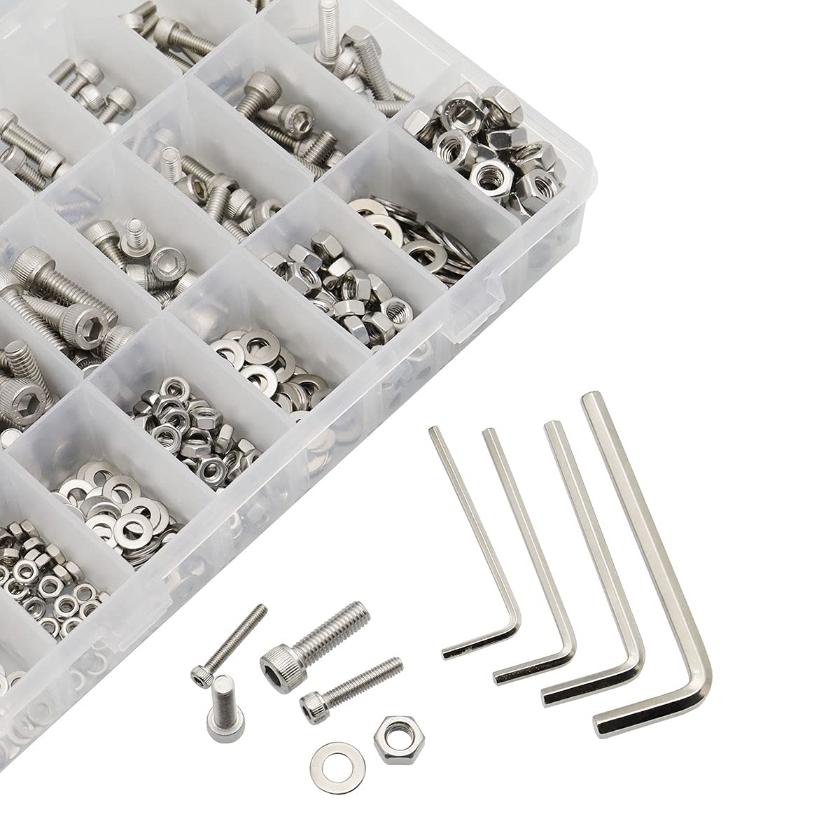 560 piezas M3 M4 M5 M6 304 de acero inoxidable hexagonal cabeza de zócalo pernos tornillos tuercas arandelas surtido kit con llaves hexagonales
