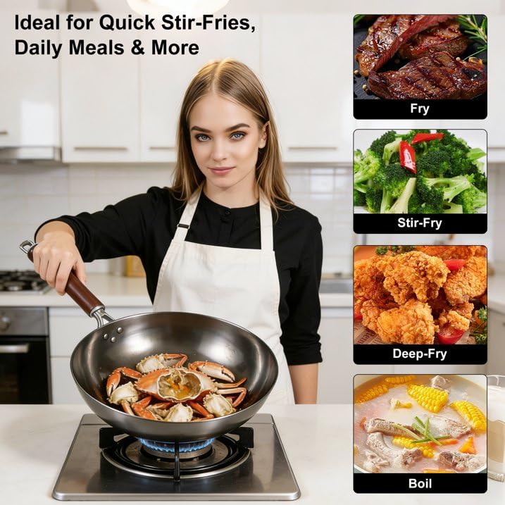 Wok antiadherente de acero al carbono 12 pulgadas con tapa y utensilios miniatura 4