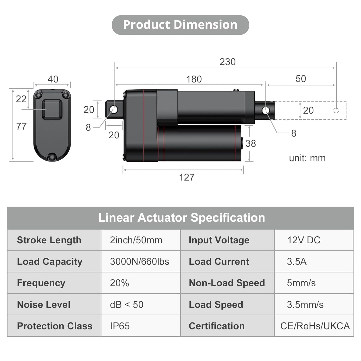 Heavy-Duty 12V Linear Actuator - 660LBS Thrust -4