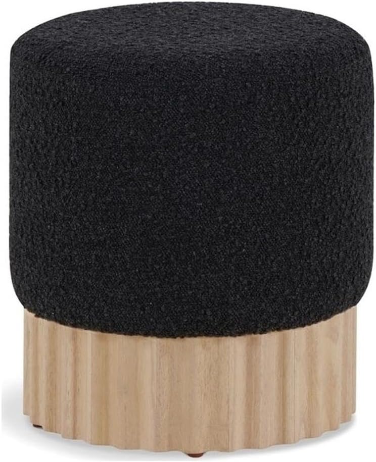 Pemberly Row Contemporary Boucle Fabric Ottoman/Stool, 17" H x 16" W x 16" D, Black Boucle Upholstery, Solid Wood Natural Finish Base, Mid-Century Modern Design for Living Room or Bedroom Decor