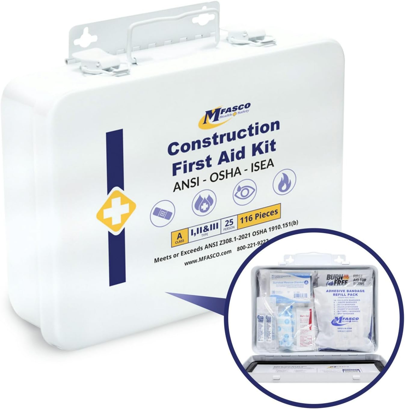 MFASCO Construction First Aid Kit - 2021 OSHA Class A Metal Box, ANSI Compliant - 25 Person, Assaembled in The USA - Easy Refill QR Code - Sturdy, Weatherproof - Ideal for Job Sites & Vehicles