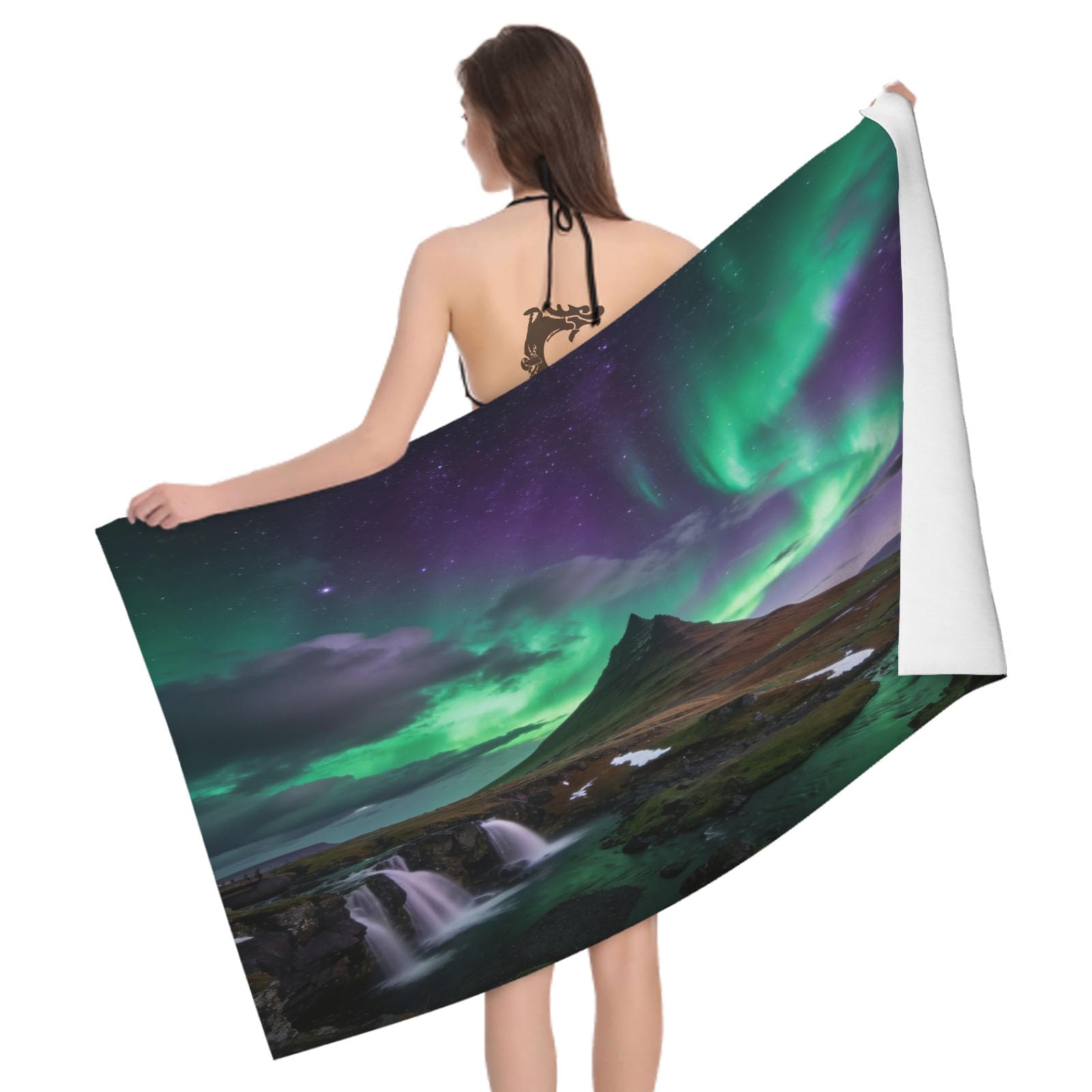 Leichong 3D Northern Lights Beach Towel Large Microfiber Soft Quick Dry for Adults, Icelandic Scenery Bath Towel Lightweight Soft Absorbent for Travel Swimming Pool Sports, 80 x 160 cm