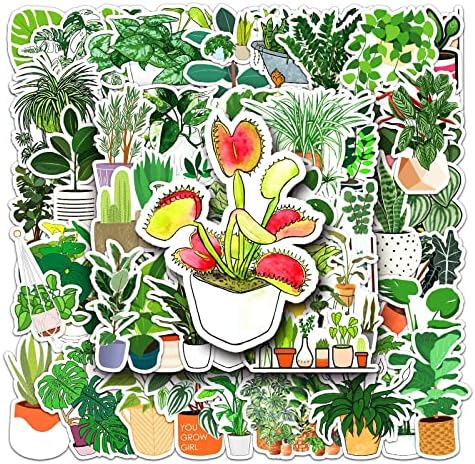 50Pcs Cute Lovely Green Plants Stickers Hydroflasks Water Bottles Laptop Phone Computer Vinyl Foliage Botanical Watercolor Flowers Cactus Succulent Green Potted Stickers Decals for Teens Girls Adults