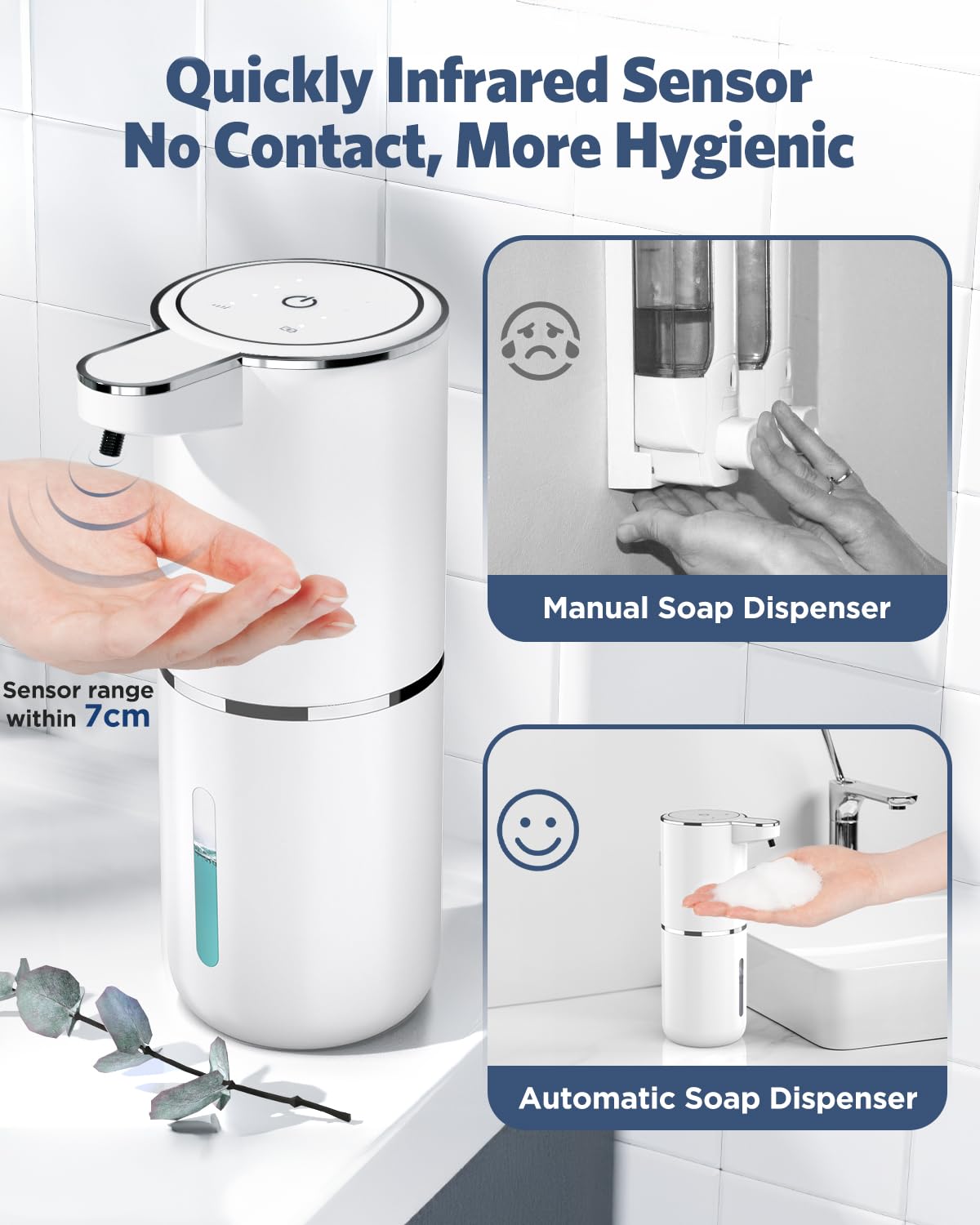 HAPPHOOH Dispenser Sapone Automatico, Dispenser Sapone Bagno a Muro Con Sensore Infrarossi, USB Ricaricabile 380ML Dispenser Sapone Schiuma Impermeabile IPX5 per Cucina, Bagno, Hotel