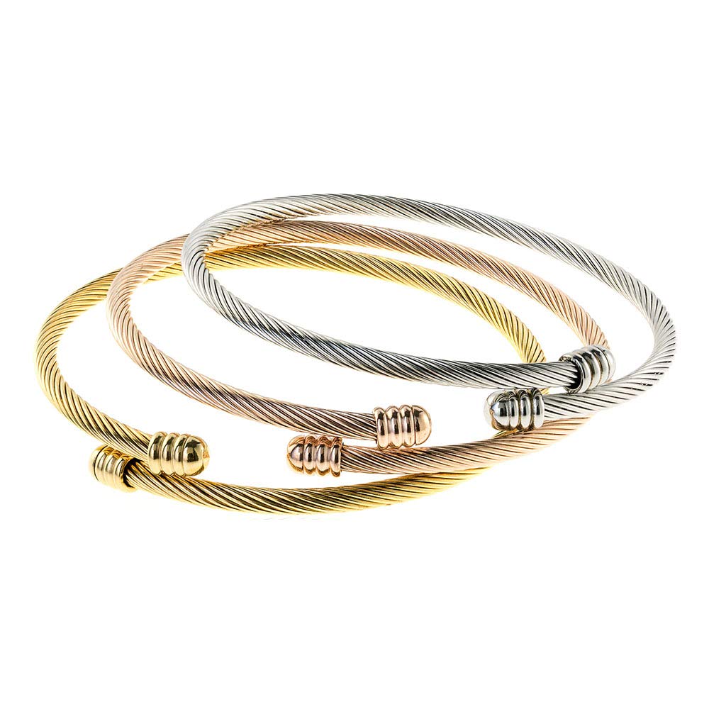 EDFORCE 3 Tone Stainless Steel Hypoallergenic Stacked Twisted Cable Wire Bangle Adjustable Cuff Bracelet Set Set of 3