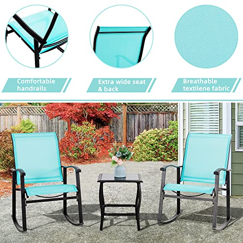 Vongrasig 3 Piece Outdoor Rocking Bistro Set, Textilene Fabric Small Patio Furniture Set, Front Porch Rocker Chairs Conversation Set With Glass Table For Lawn, Garden, Balcony, Poolside (Blue) #TOP3