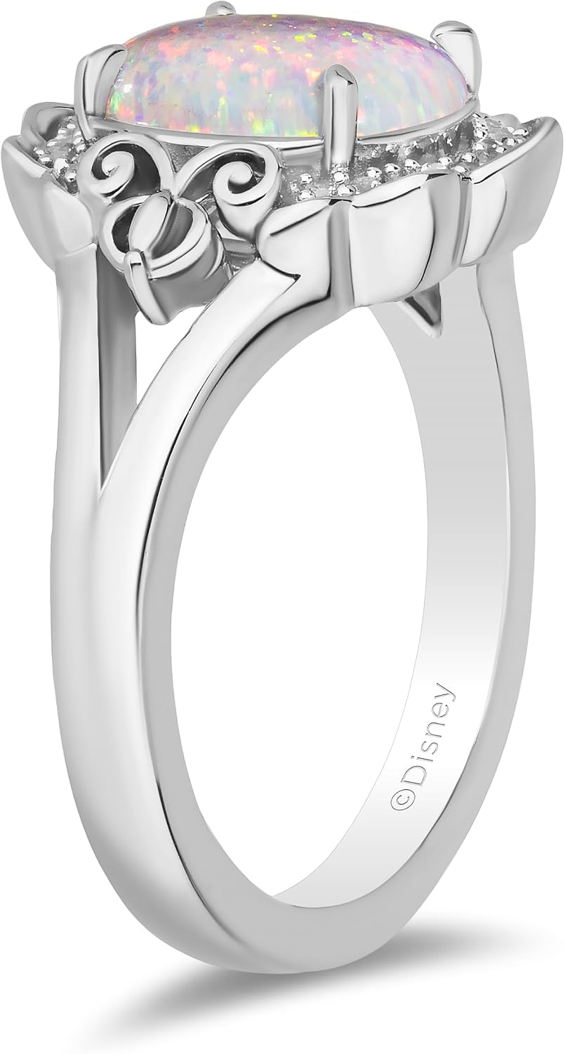 Jewelili Enchanted Disney Fine Jewelry Sterling Silver with 1/20 CTTW Diamonds and Created Opal Cinderella Ring