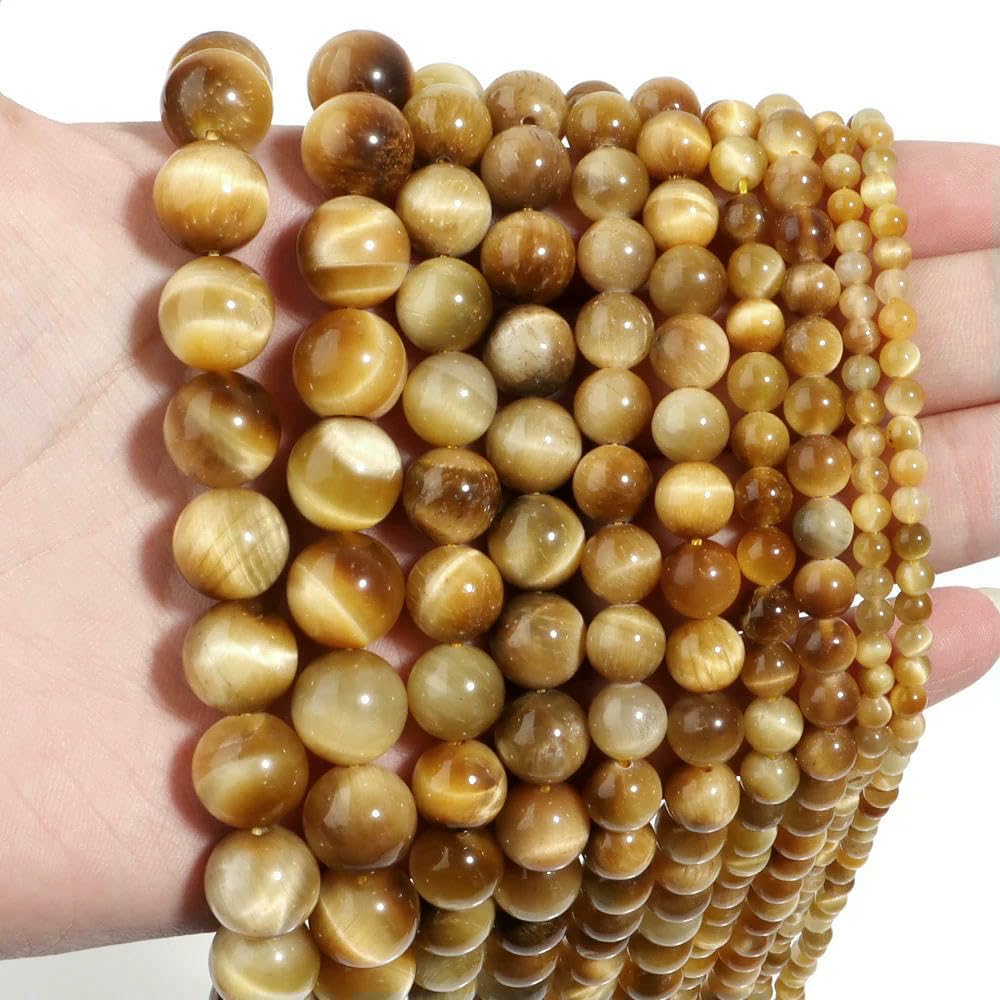 1 hebra de cuentas de piedra de ojo de tigre natural, color dorado, lisas, redondas, espaciadoras, para pulseras, collares y joyas, 6-12 mm (aprox. 30 unidades)