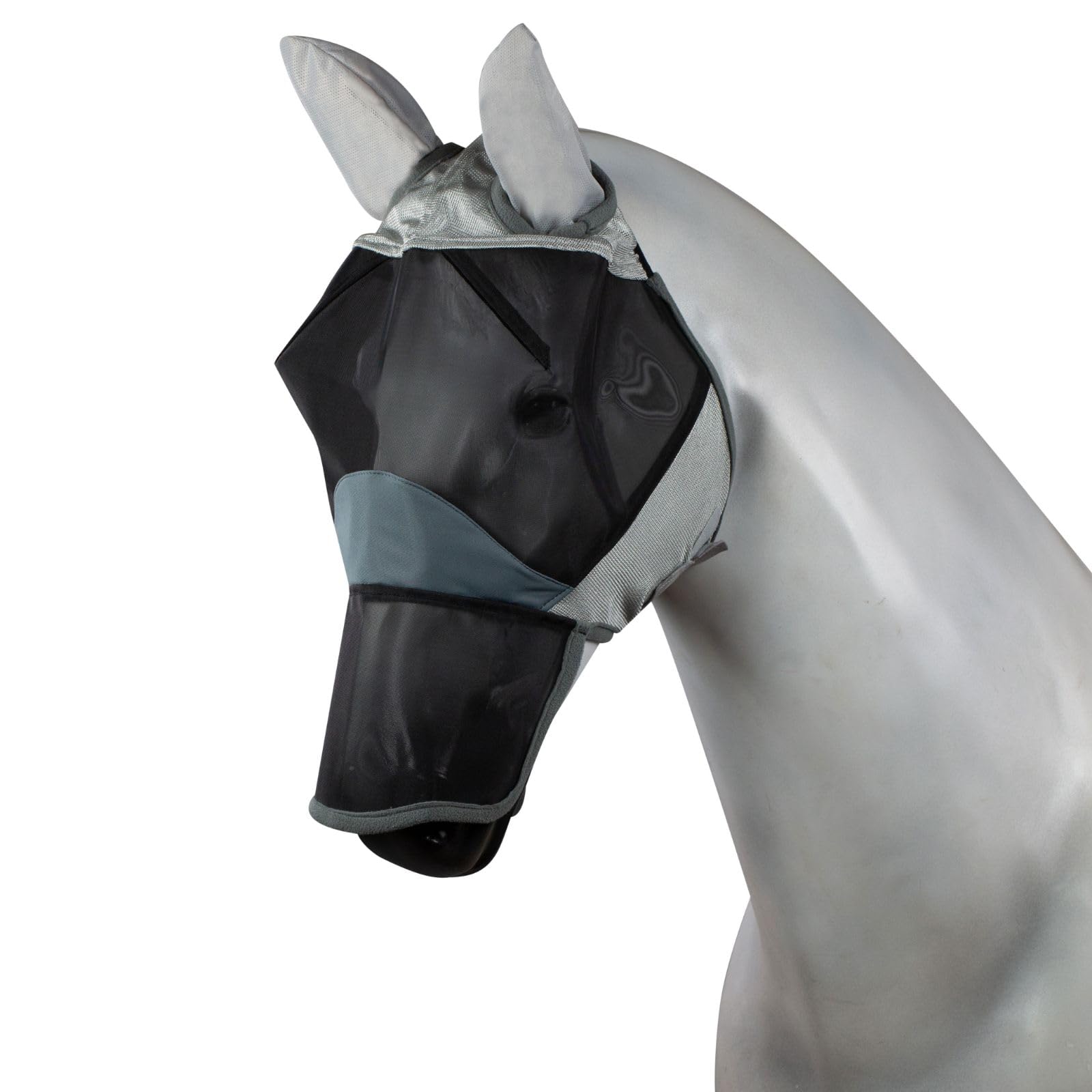 Horze Pferde Fliegenmaske Eira, Fliegenhaube mit Ohren und Nüsternschutz, Grau, XF