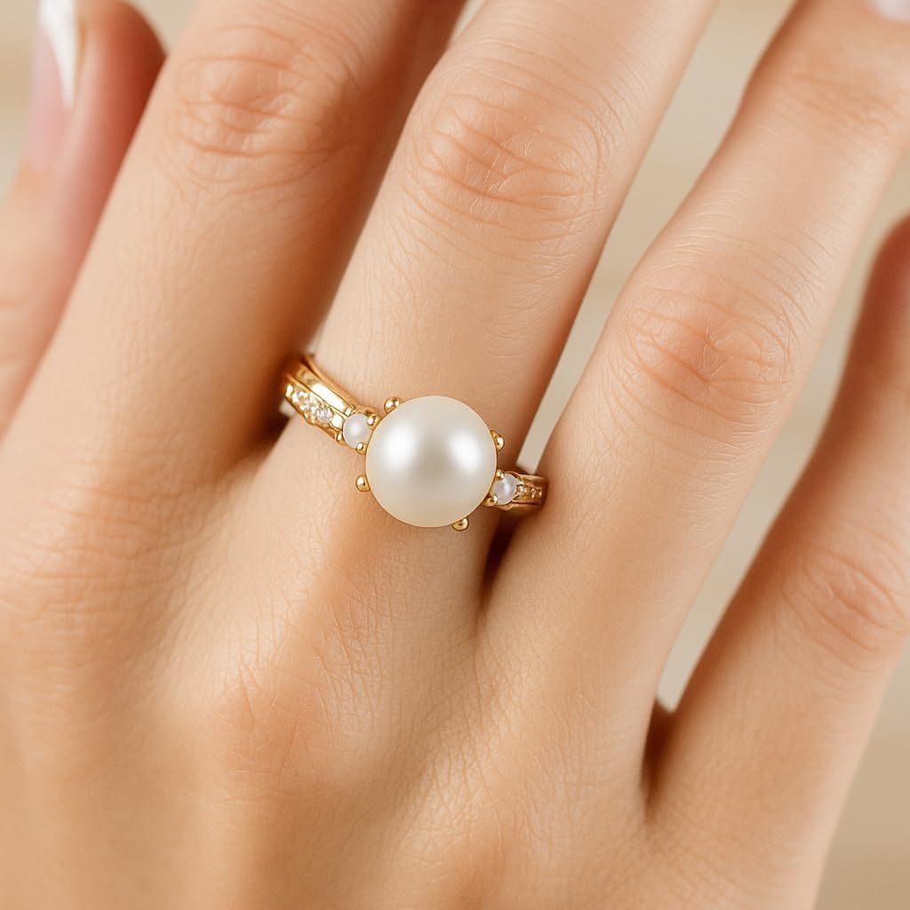 Round Freshwater Pearl Engagement Ring for Women 14K Yellow Gold Dainty Pearl Ring with Side Stones Vintage Bridal Wedding Promise Ring Classic Anniversary Jewelry Gift