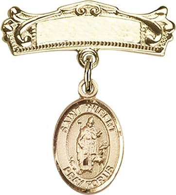 14kt Yellow Gold Baby Badge with St. Hubert of Liege Charm and Arched Polished Badge Pin 7/8 X 3/4 inches