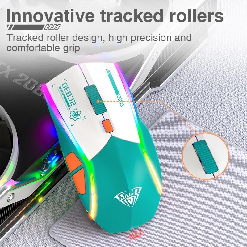 Close-up of the Aula SC830 mouse scroll wheel, highlighting its tracked roller design