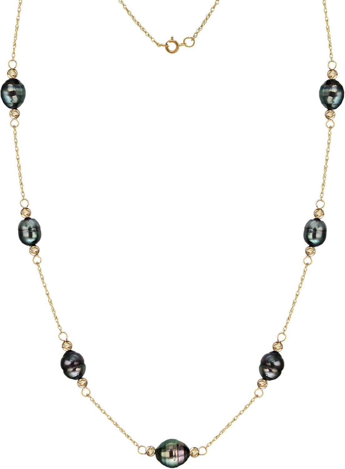 14K Yellow Gold Station Necklace with Tahitian Cultured Black Pearl Necklace 8-10mm 18 inch