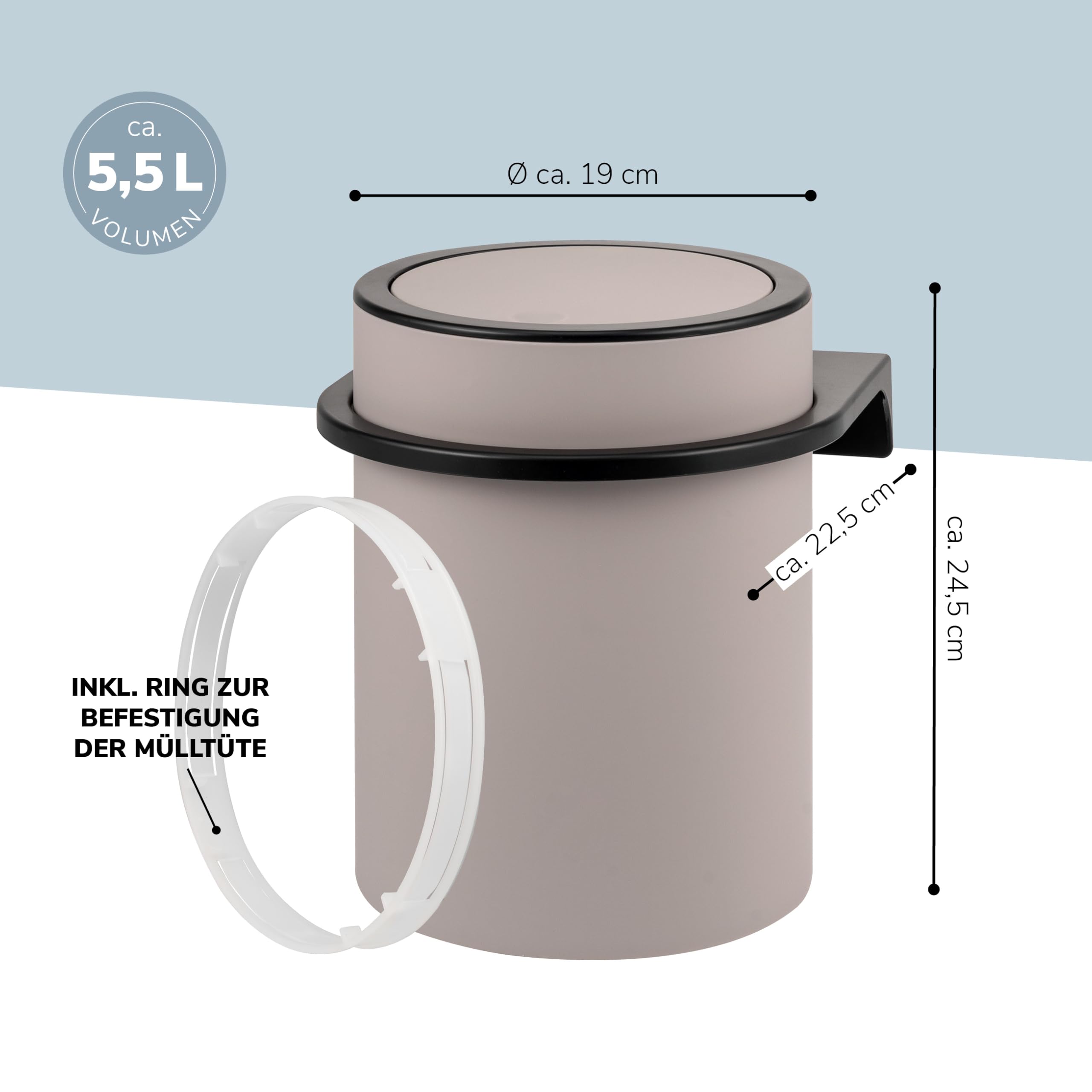 bremermann runder Kosmetikeimer SAVONA mit Softtouch-Oberfläche inkl. Wandhalterung zum Kleben oder Bohren mit Schwingdeckel, Abfalleimer aus Kunststoff, 5,5 Liter Fassungsvermögen (Taupe)