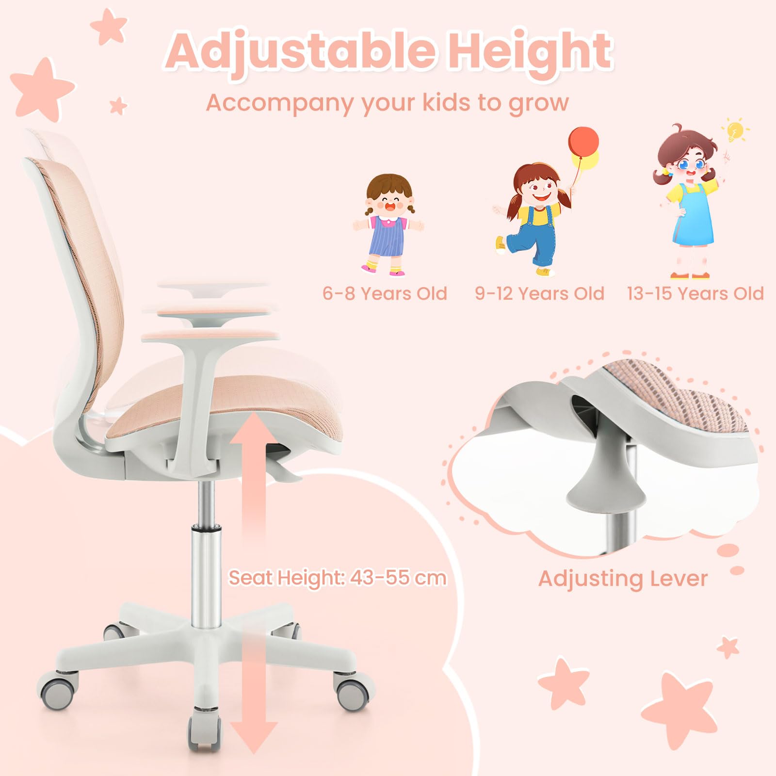 FANTASK Sedia da scrivania per bambini, girevole a 360°, altezza seduta regolabile in altezza, colore: rosa