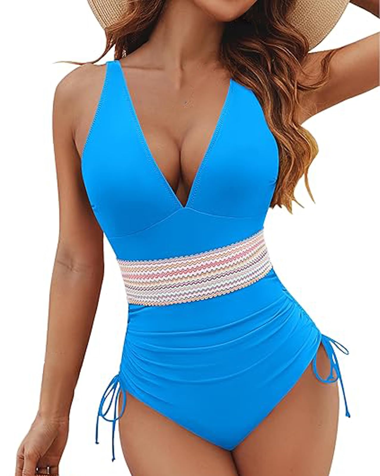 LUNNTE Damen Badeanzug Bauchweg Einteiliger V Ausschnitt Hoch Taillierte Monokini Schlankheits Badeanzüge für Frauen Bademode Swimsuit Herausnehmbare Softpads