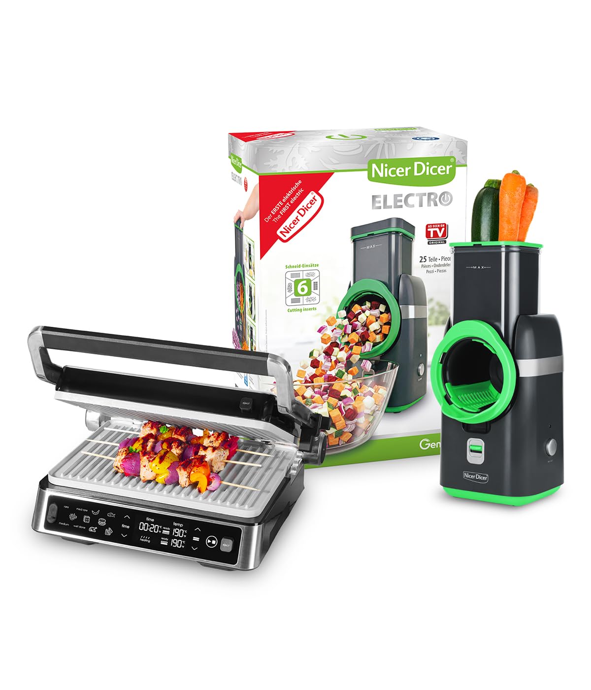 Genius Nicer Dicer Electro + Kontaktgrill Set 38-tlg. Elektrischer Gemüseschneider für Obst, Gemüse & Nüsse inkl. Elektrogrill mit abnehmbaren Antihaft-Grillplatten für Sandwiches & Steak