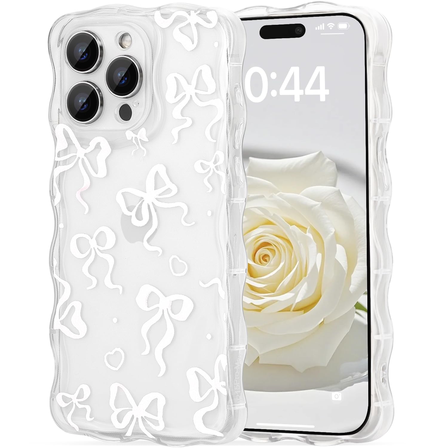 Amzfield Cute Heart Bow Case for iPhone 15 Pro 6.1 inch, Wavy Ribbon Bows Phone Case Pretty Aesthetic Girly Cover Cute Clear Shell Soft Bownot Phone