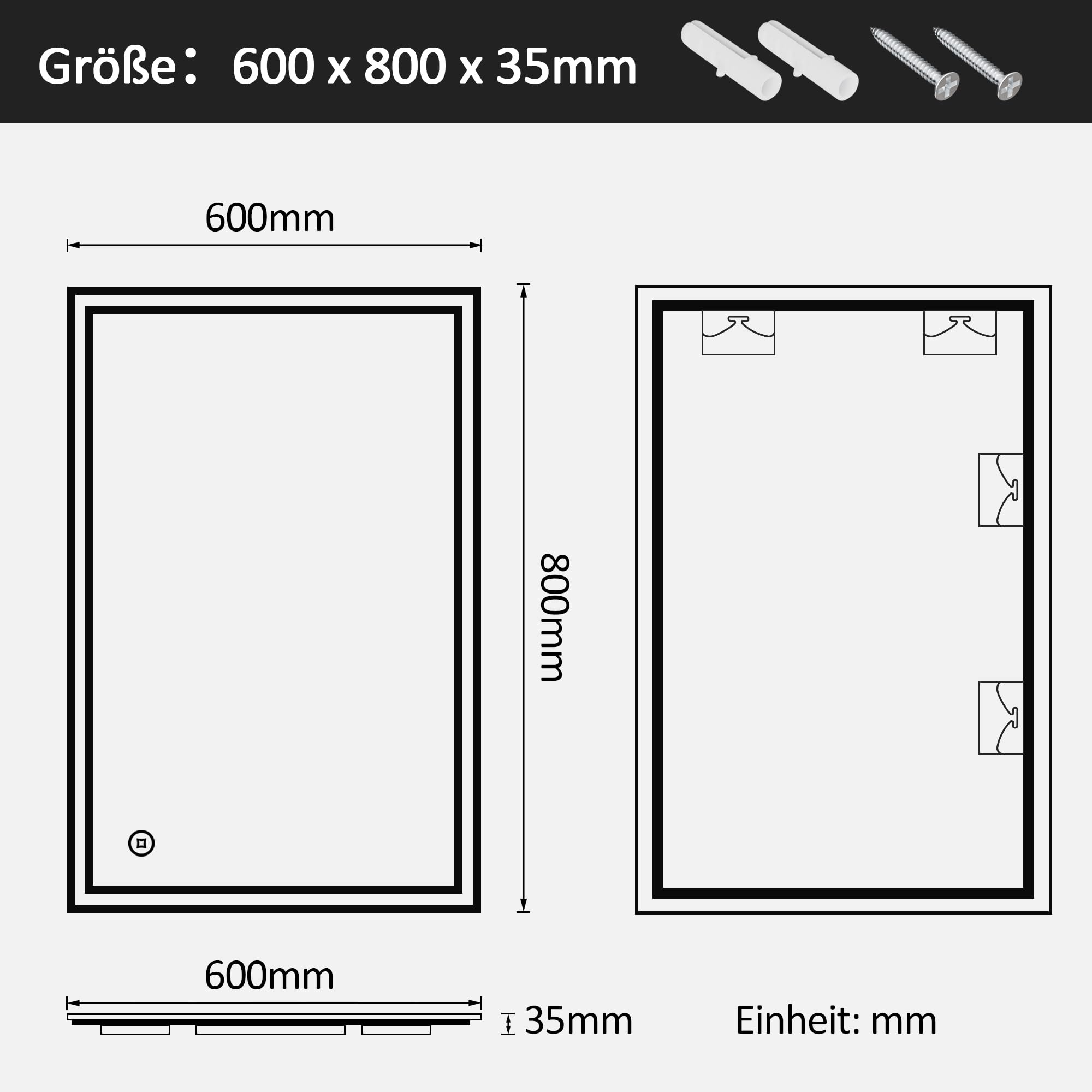 Borama LED Badspiegel 80x60cm mit Touchschalter, 3 Lichtfarben dimmbar, beleuchteter Wandspiegel