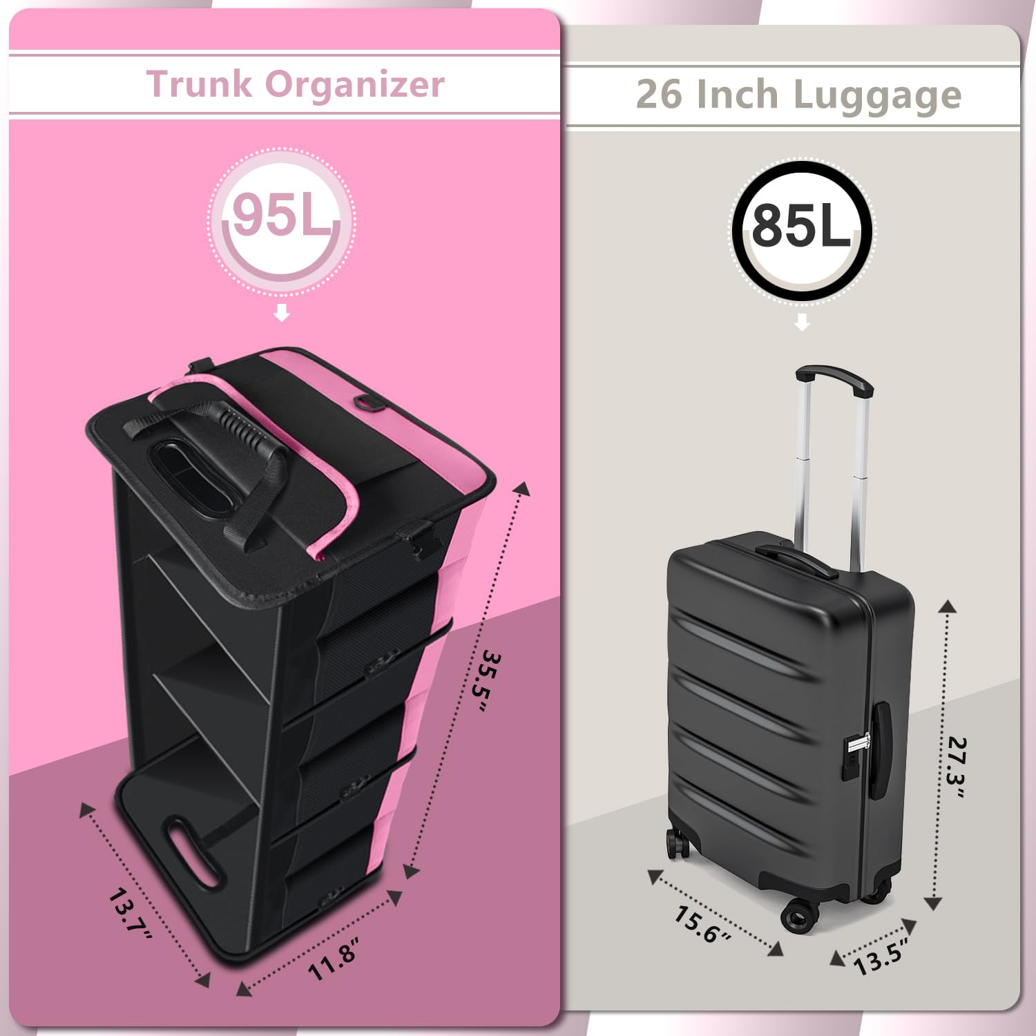 Trunk Organizer for Car, 95L Large Capacity Trunk Storage with Non-Slip Bottom Strips, Cargo Organizer for Suv, Truck, Sedan, Waterproof Portable Car Organizers for Women Men(Pink)