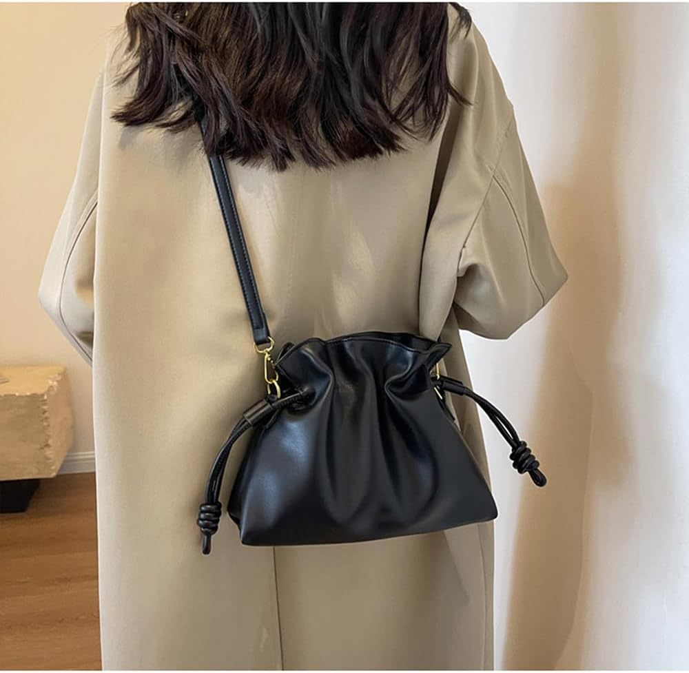 Women's Cloud Drawstring Bucket Bag, Fashionable Minimalist Handbags Versatile PU Leather Crossbody Shoulder Hobo Purse | Drawstring