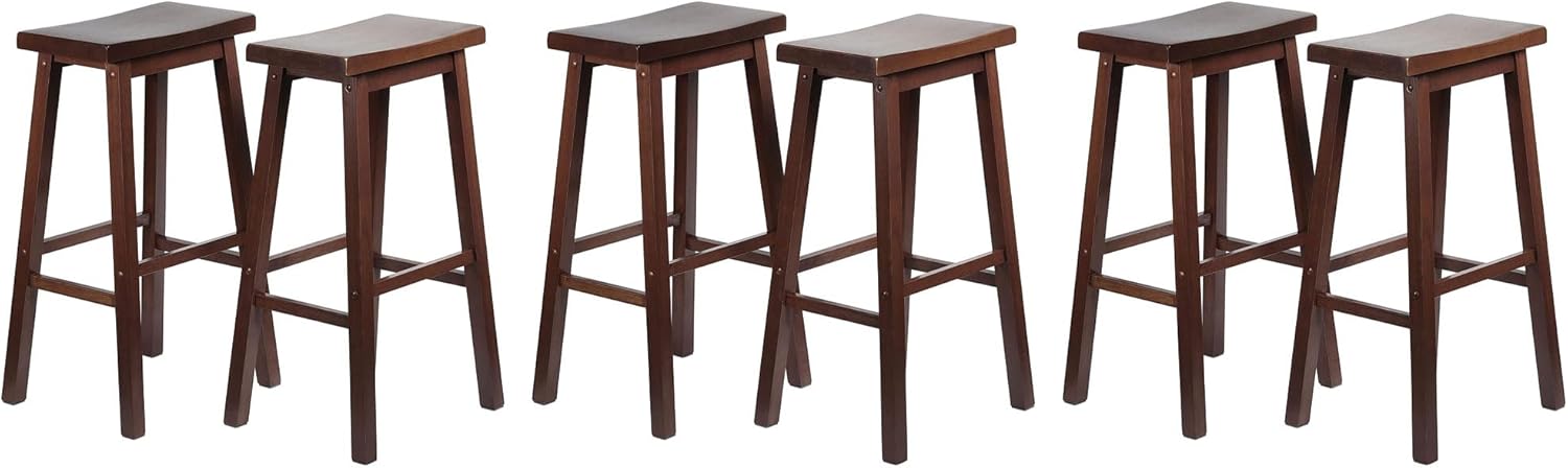 PJ Wood Classic Saddle Seat 29" Tall Kitchen Counter Stools for Homes, Dining Spaces, and Bars w/Backless Seats & 4 Square Legs, Walnut (Set of 6)