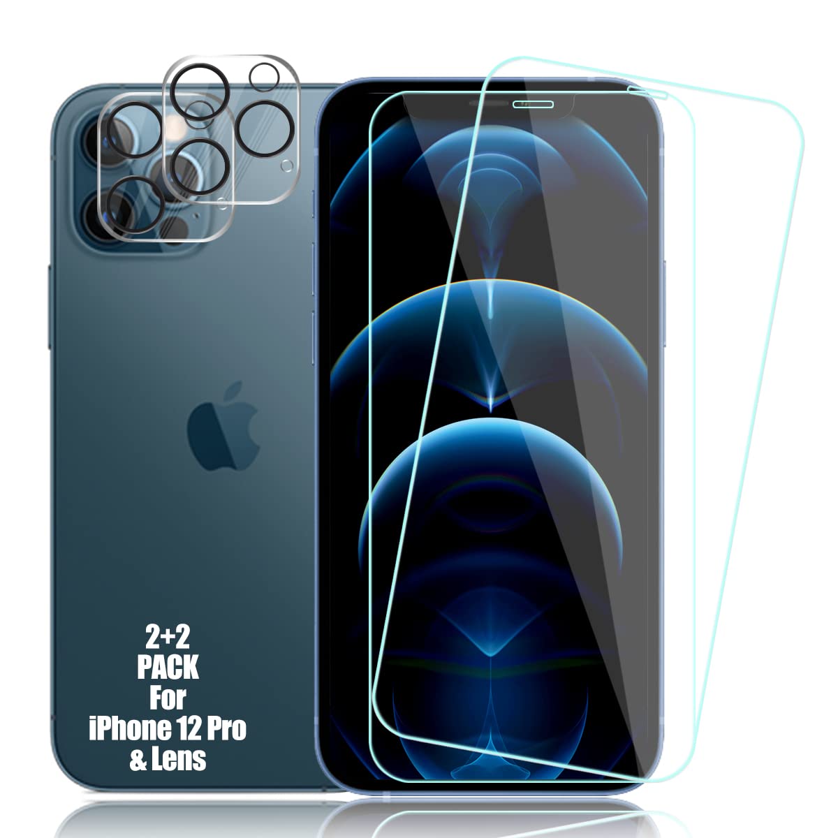 BIGFACE Compatible with iPhone 12 Pro Screen Protector+ Camera Lens Protectors, [2 + 2 Pack] Premium HD Clear Tempered Glass, Anti-Bubble 3D Curved Accuracy Film for iPhone 12 Pro(6.1 Inch)