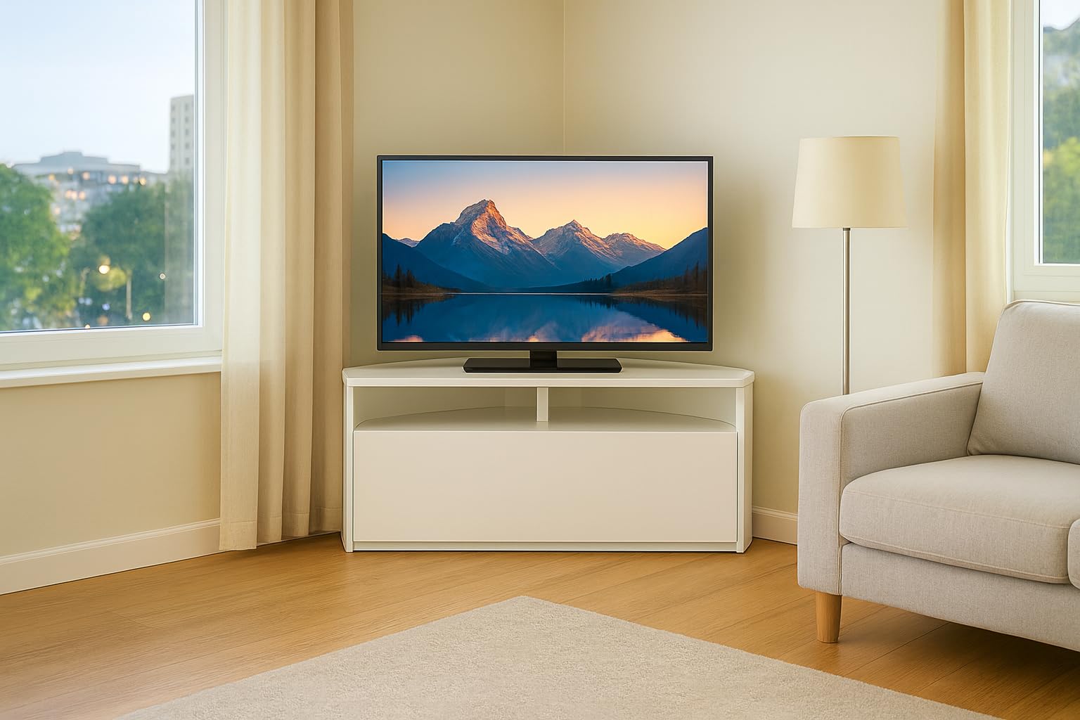RO&CO Sonorous TRD100 Wht | Mueble TV Esquinero Blanco 100 cm | Diseño Moderno para Salón | Puerta Abatible Blanca con Almacenamiento Oculto | Soporta hasta 40 kg | Mueble para Televisor de Esquina.