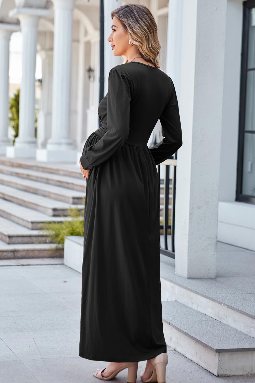 OUGES Fall Maternity Maxi Dress Long Sleeve Wrap V Neck Baby Shower Pregnancy Dresses for Photoshoot Maternity Clothes - Image 5