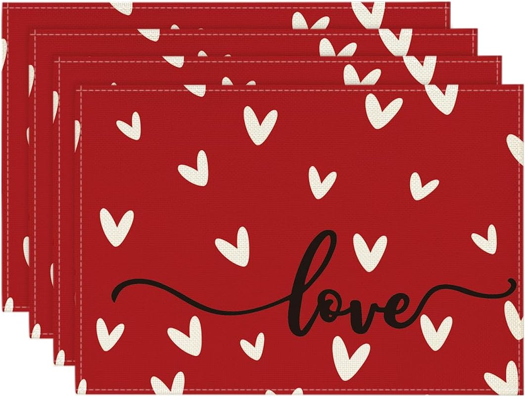 Artoid Mode Red Love Hearts Placemats Set of 4, 12x18 Inch - Valentine's Day Anniversary Holiday Table Mats for Parties & Dining