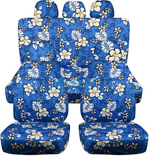 TOTALLY COVERS Hawaiian Print Car Seat Covers w 5 (2 Front + 3 Rear) Headrest Covers: Blue w Flowers - Semi-Custom Fit - Full Set - Will Make Fit Any Car/Truck/Van/RV/SUV (6 Prints)