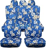 TOTALLY COVERS Hawaiian Print Car Seat Covers w 5 (2 Front + 3 Rear) Headrest Covers: Blue w Flowers