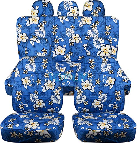Totally Covers Hawaiian Print Car Seat Covers W 5 (2 Front + 3 Rear) Headrest Covers: Blue W Flowers - Semi-Custom Fit - Full Set - Will Make Fit Any Car/Truck/Van/Rv/Suv (6 Prints) #TOP21
