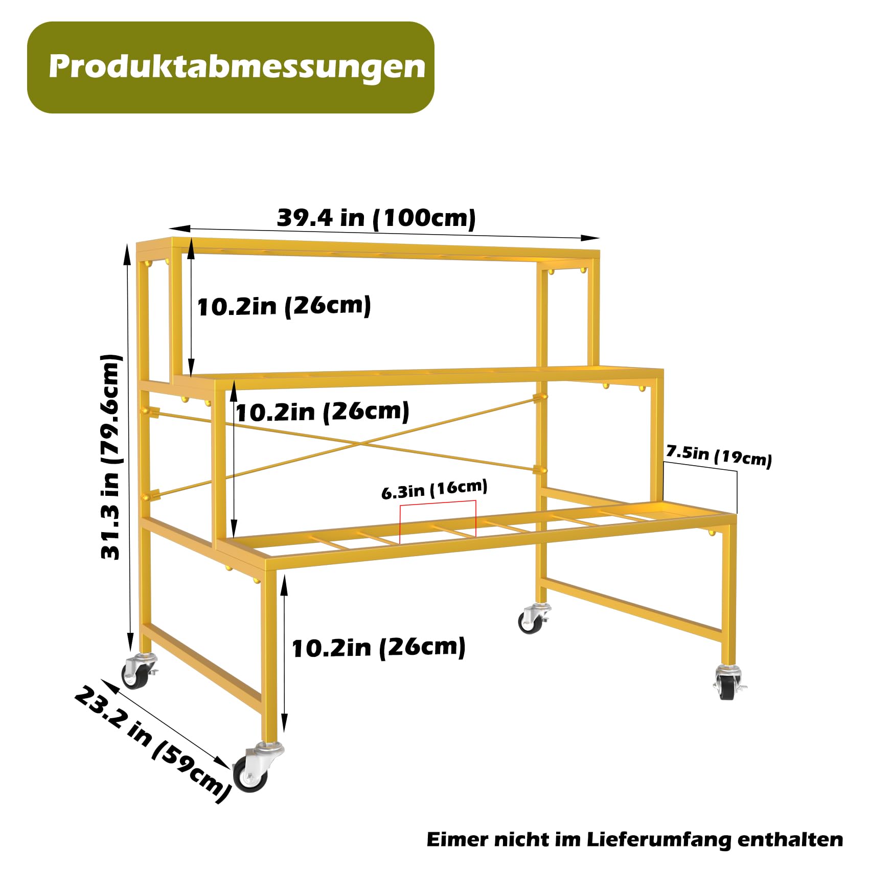 Blumenständer, 3-stöckig, Metall-Pflanzenständer mit 12 Kunststoff-Blumeneimern, beweglicher, robuster Blumenwagen, Blumenregal für drinnen und draußen, Terrasse, Garten, Wohnzimmer, Florist