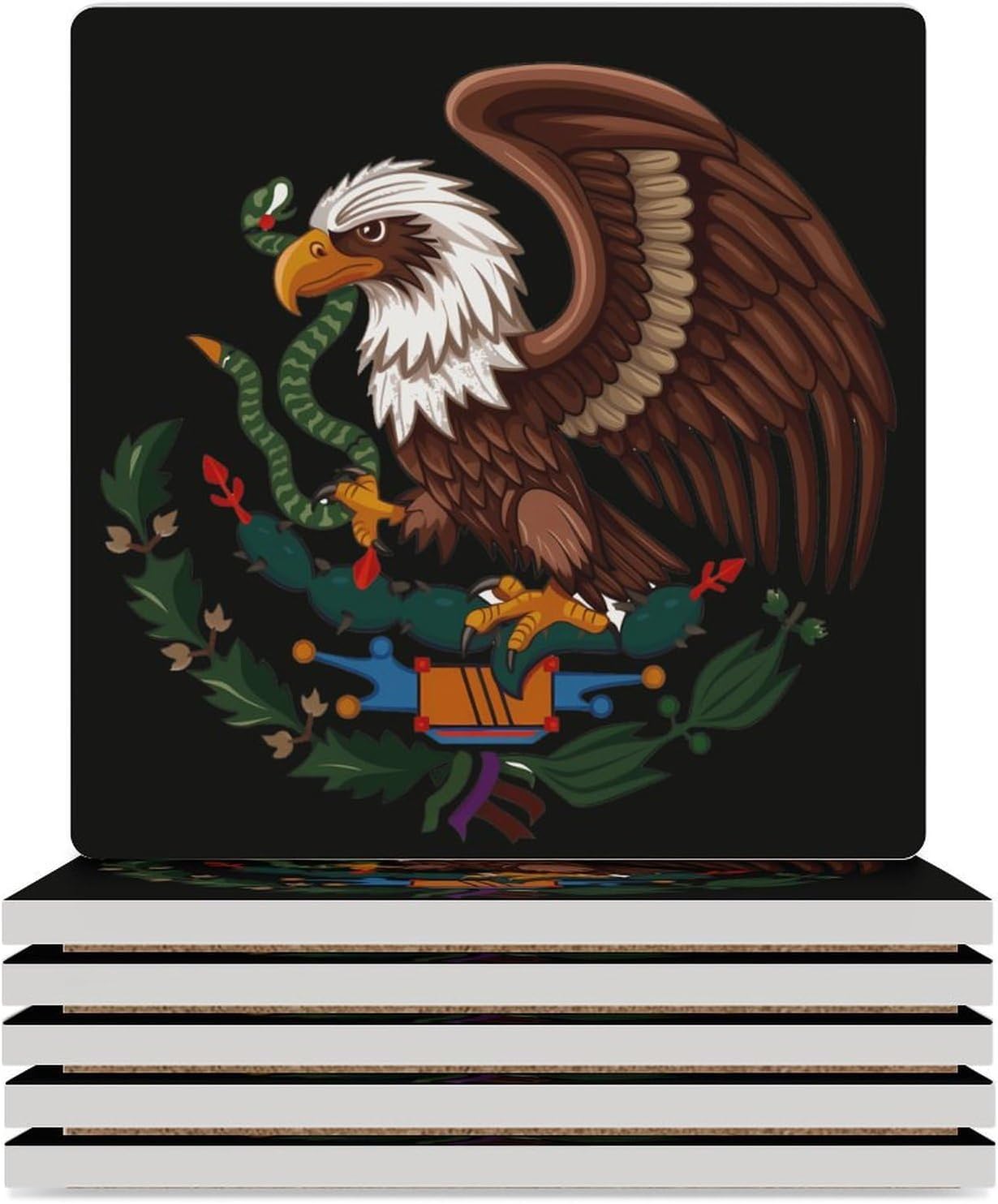 Mexico Flag Eagle Coaster for Drinks Square Ceramic Table Coasters Stone Mat Crafts 6PCS Home Kitchen Decor