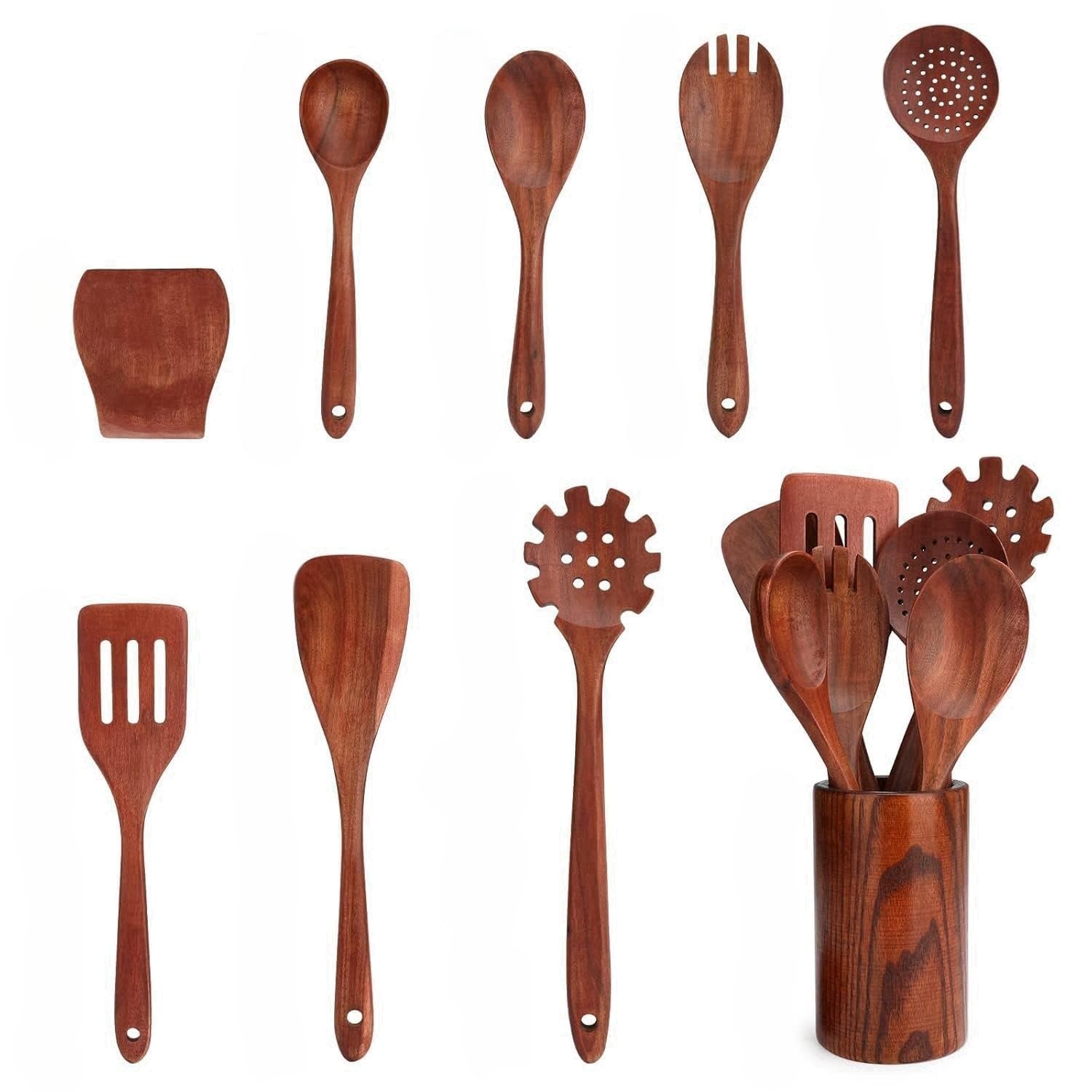 Holz-Kochutensilien-Set, Holzlöffel zum Kochen, 16-teiliges Kochgeschirr-Set aus Holz, geeignet für antihaftbeschichtetes Kochgeschirr und Pfannen, natürliches Holzmaterial, leicht und langlebig
