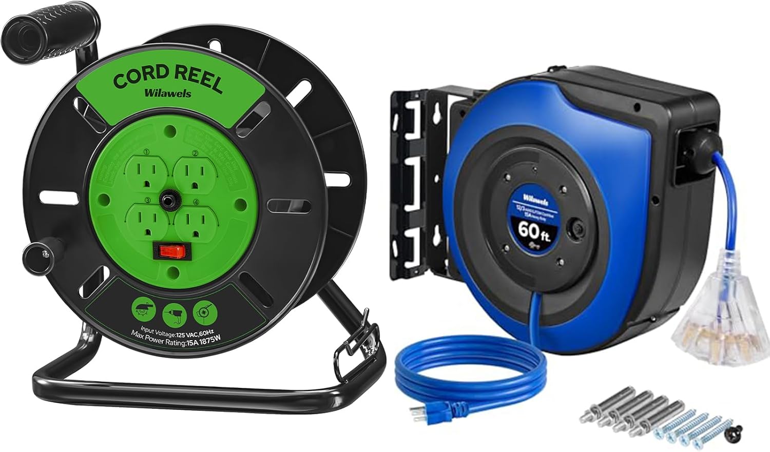 Retractable Cord Reel 60 FT Heavy Duty Extension Cord and Extension Cord Storage Reel with 4-Grounded Outlets Bundle, U60CR06-J95CR06