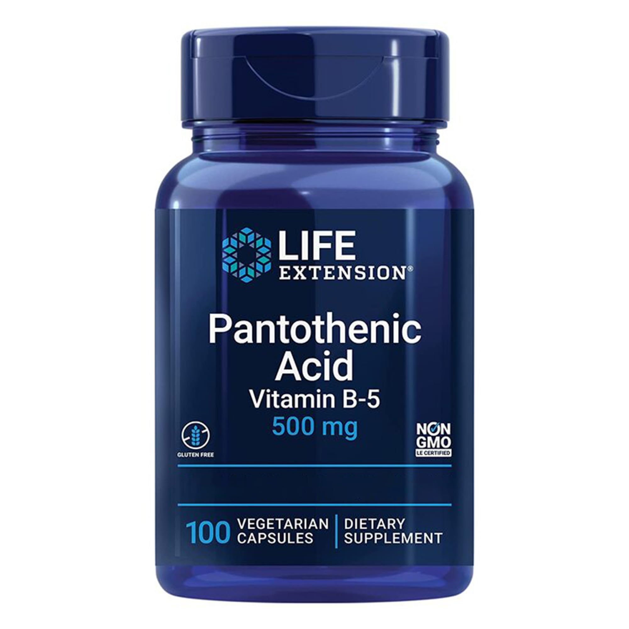 Life Extension, Pantothenic Acid (Acide Pantothénique), 500mg Vitamine B5, Hautement Dosé, 100 Capsules végétaliennes, Sans Gluten, Végétarien, Sans Soja, Sans OGM
