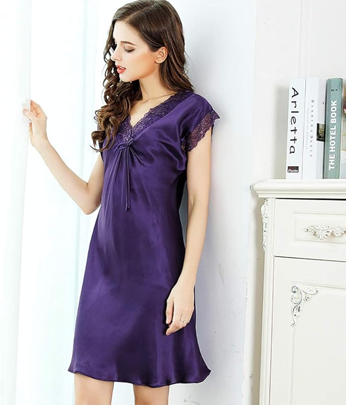 FACAI Pijamas Mujer Verano, Ropa de Dormir Seda Verano Camisón de Manga Corta Cuello en V Profundo Encaje Dobladillo Ligero Inicio Casual Loungewear Set : Amazon.es: Moda